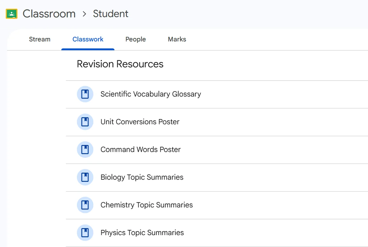 A Google Classroom page listing revision resources: glossaries, posters and topic summaries