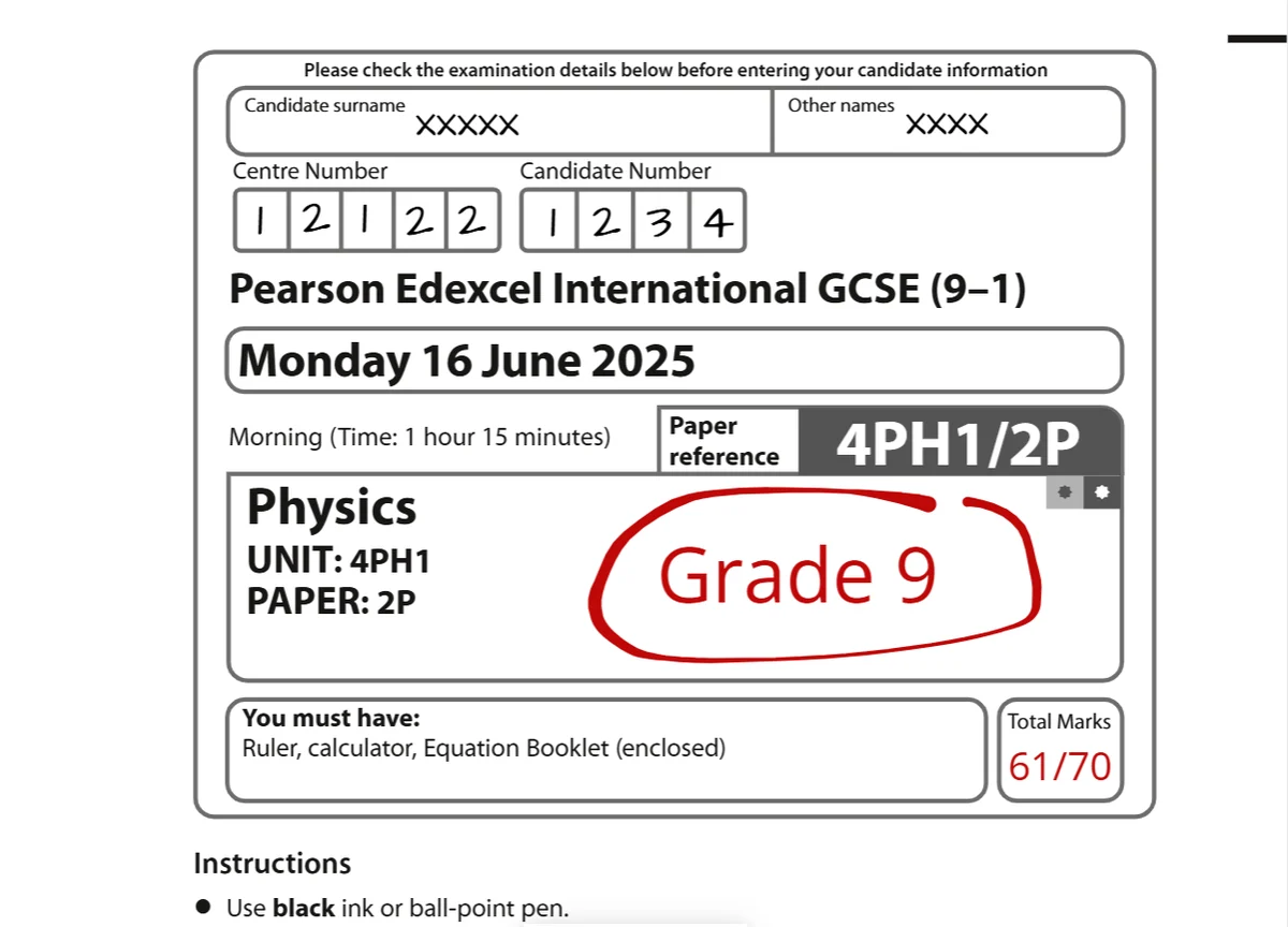 An Edexcel International GCSE Physics exam paper marked with a Grade 9